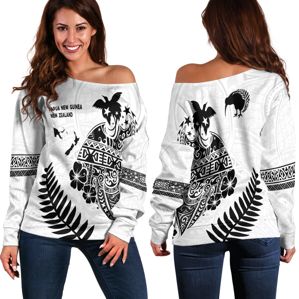 Papua New Guinea and New Zealand Off Shoulder Sweater White Maori Polynesian
