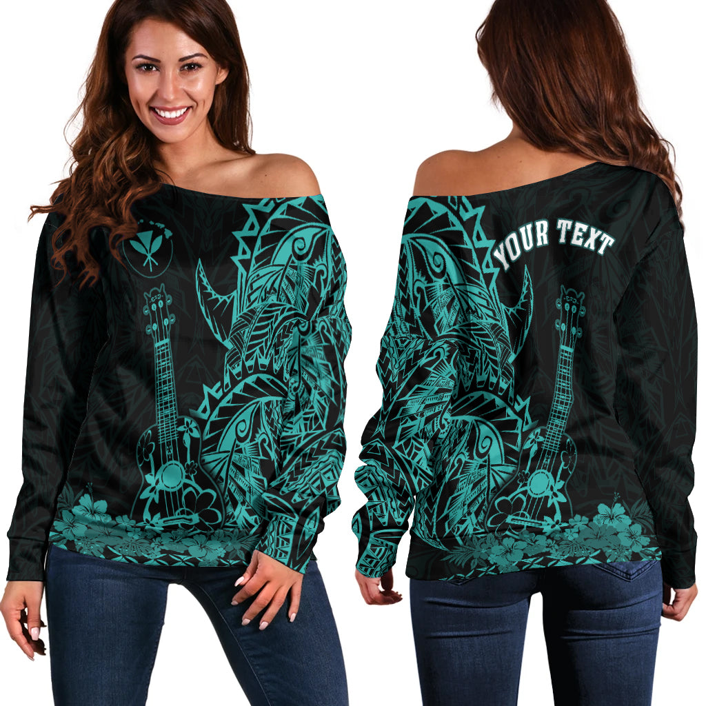 (Custom Personalised) Hawaii Polynesian Off Shoulder Sweater Ukulele Turquoise