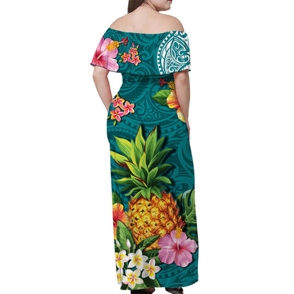 Hawaii Off Shoulder Long Dress Aqua Polynesia Pineapple