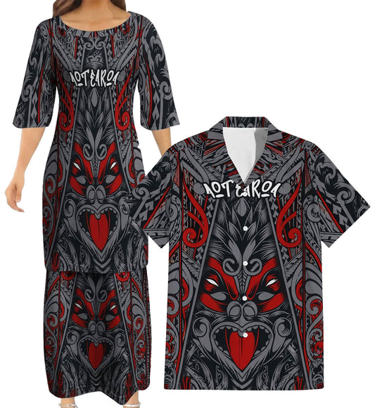 New Zealand Aotearoa Matching Outfit For Couple NZ Mask Pattern Dress And Hawaiian Shirt