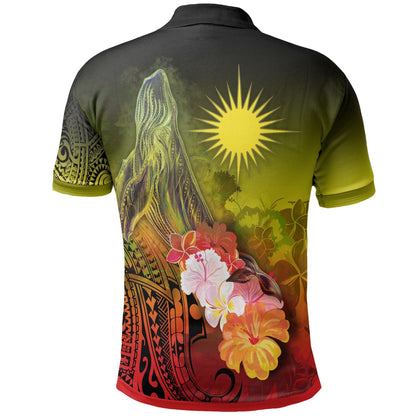 Marshall Islands Polo Shirt - Humpback Whale with Tropical Flowers Yellow