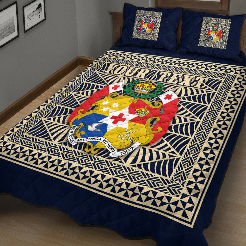 (Custom Personalised) Tonga Pattern Quilt Bed Set Coat of Arms Navy and Beige