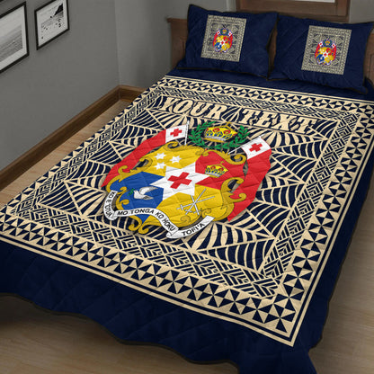 (Custom Personalised) Tonga Pattern Quilt Bed Set Coat of Arms Navy and Beige