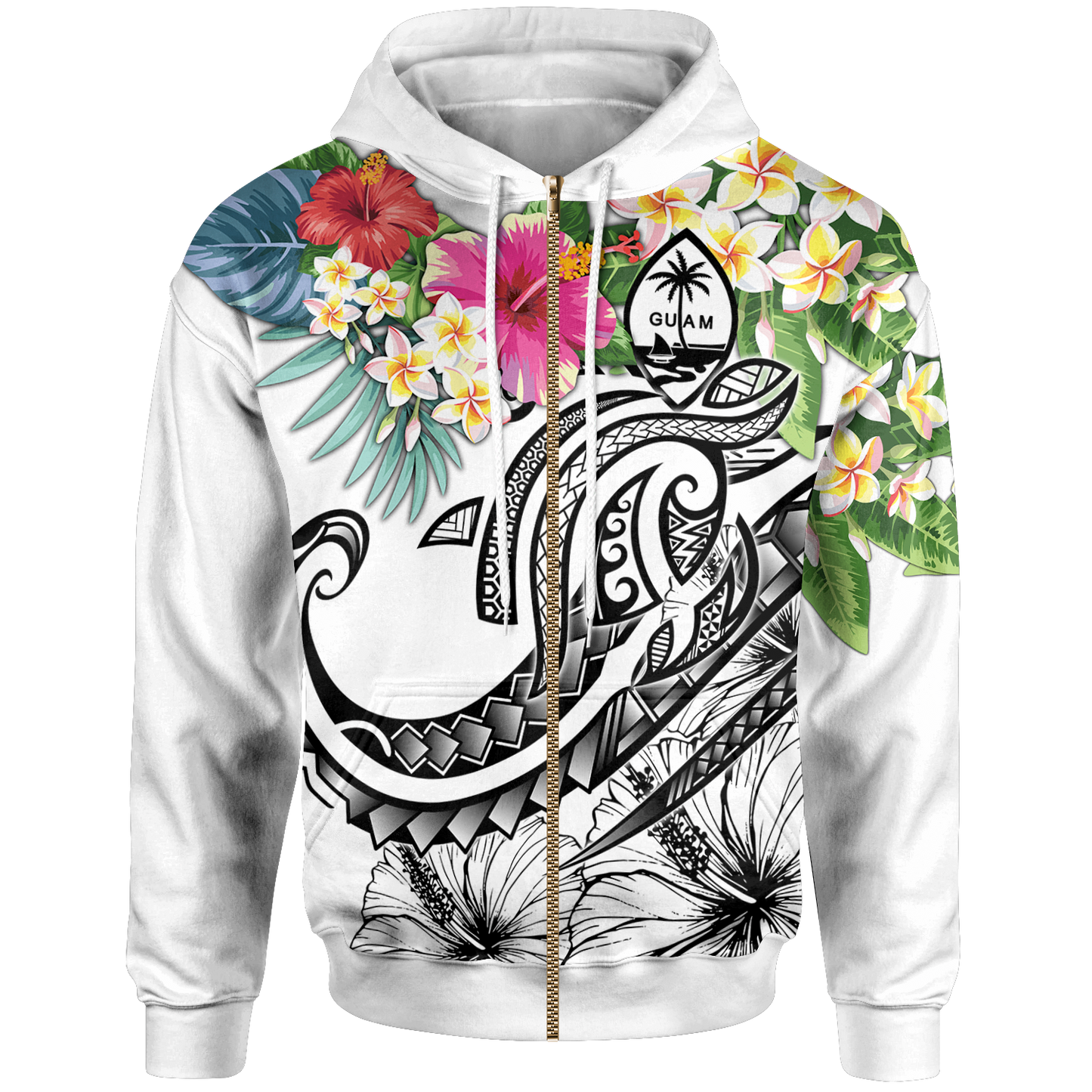 Guam Polynesian Zip up Hoodie Summer Plumeria (White)