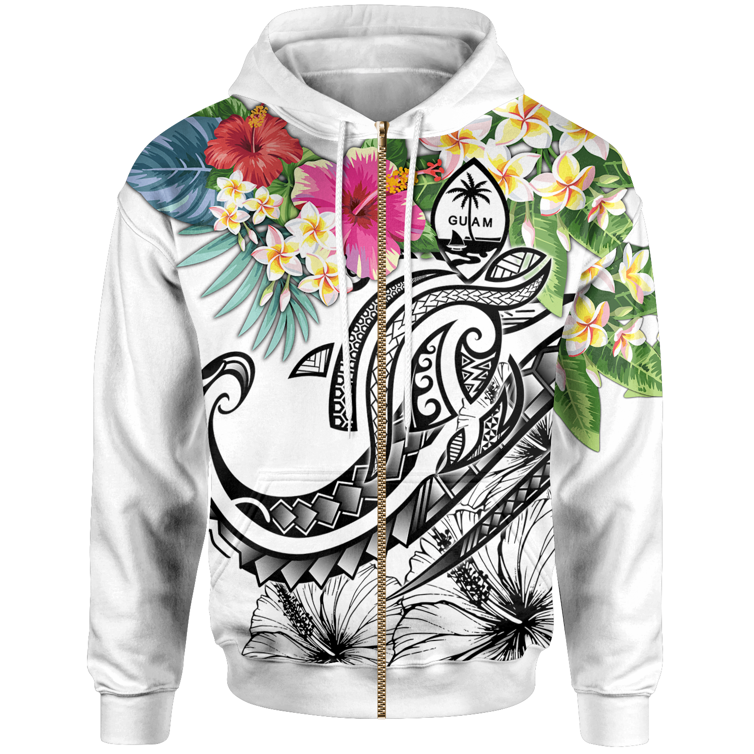 Guam Polynesian Zip up Hoodie Summer Plumeria (White)