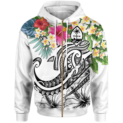 Guam Polynesian Zip up Hoodie Summer Plumeria (White)