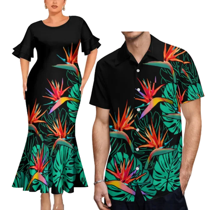 Flowers Tropical Pattern Polynesian Outfit For Couple Fishtail Skirt Dress And Hawaiian Shirt