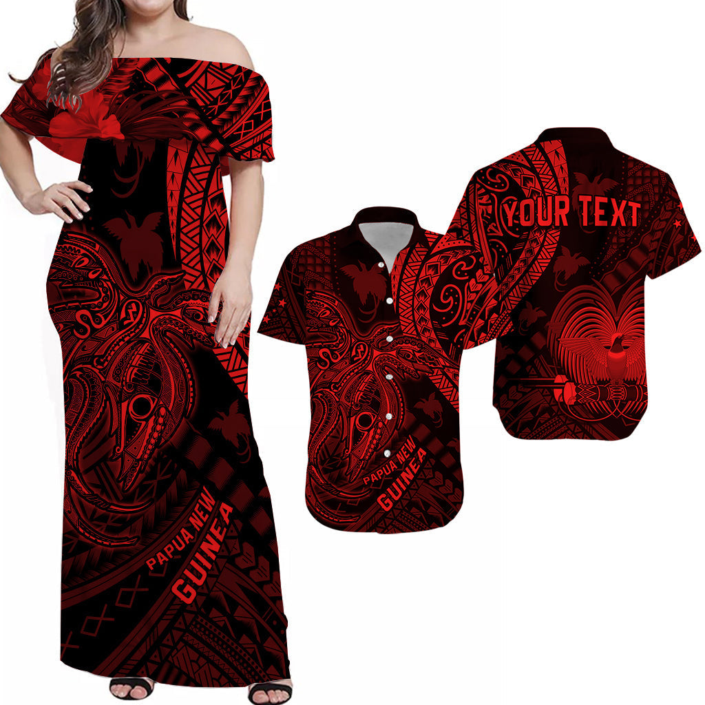 (Custom Personalised) Matching Outfits For Couples Papua New Guinea Combo Dress and Hawaiian Shirt Raggiana Birds Of Paradise Red