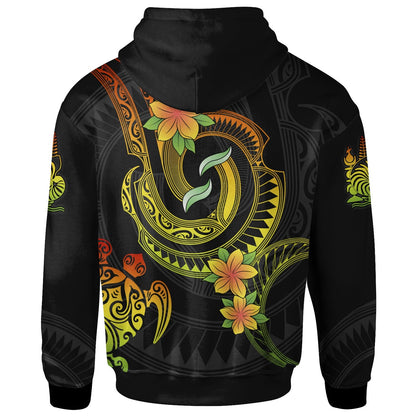 Custom Text New Caledonia Hoodie Personalised Reggae Plumeria Flowers with Spiral Patterns Zip Up Hoodie