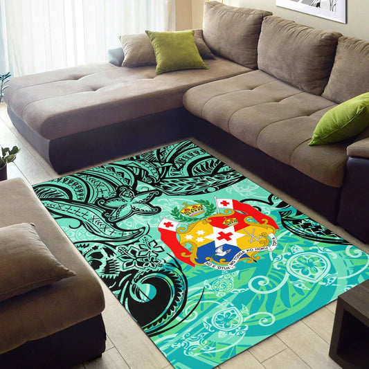Tonga Polynesian Area Rug Vintage Floral Pattern Green Color