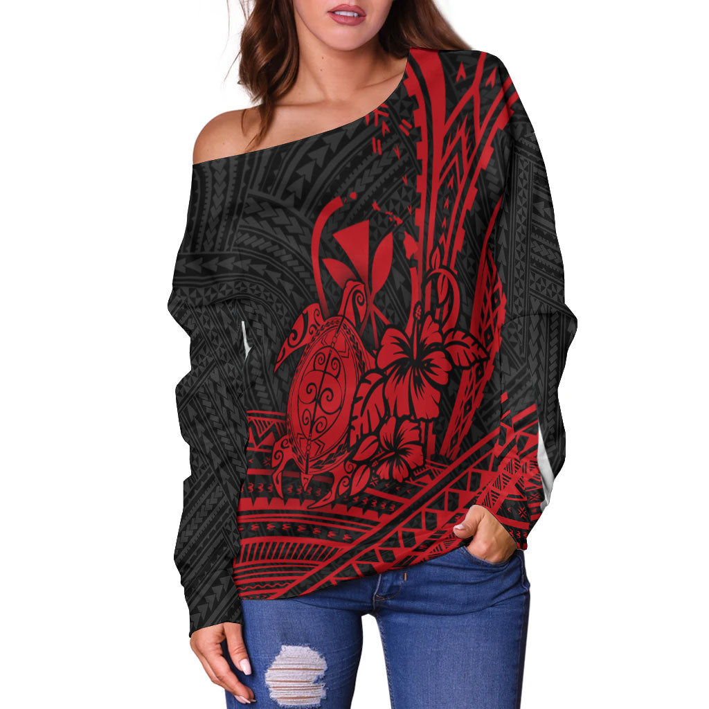 Hawaii Turtle With Hibiscus Tribal Red Women Off Shoulder Sweater