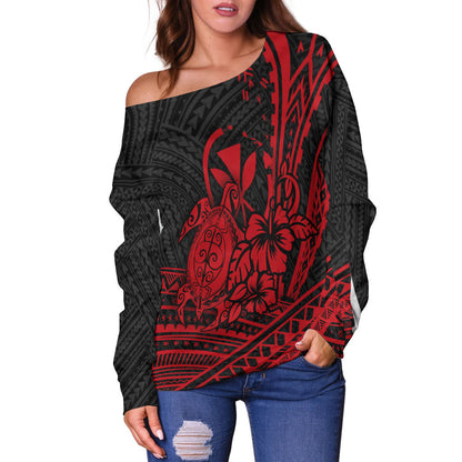 Hawaii Turtle With Hibiscus Tribal Red Women Off Shoulder Sweater