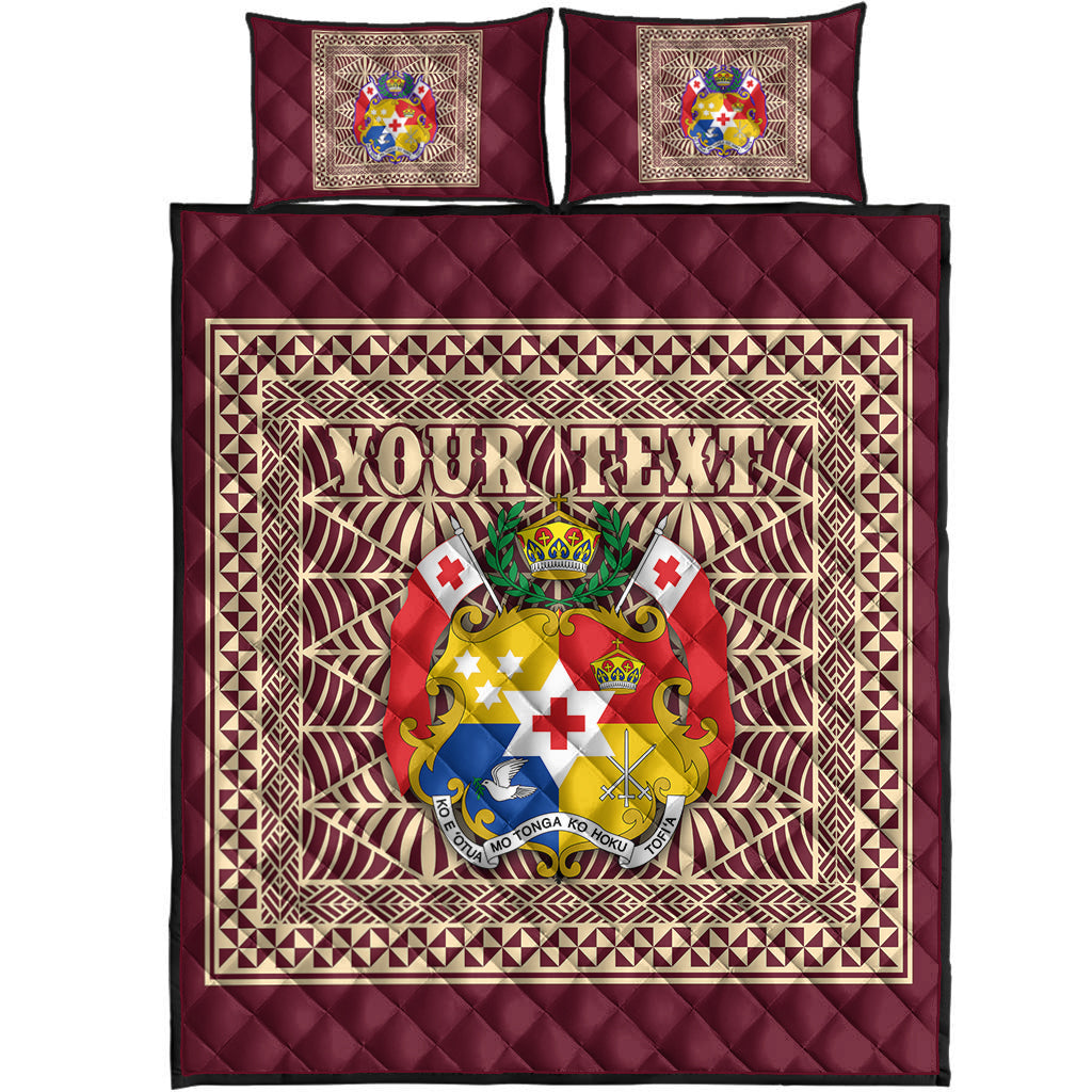 (Custom Personalised) Tonga Pattern Quilt Bed Set Coat of Arms Maroon and Beige