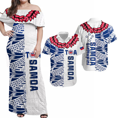 Matching Outfits For Couples Toa Samoa Rugby Combo Dress and Hawaiian Shirt Siamupini Ula Fala White