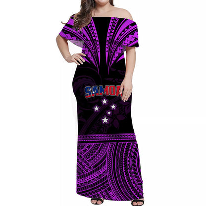 (Custom Personalised) Polynesian Couple Outfits Samoa Tatau Combo Dress and Hawaiian Shirt Purple Polynesian Proud Samoan
