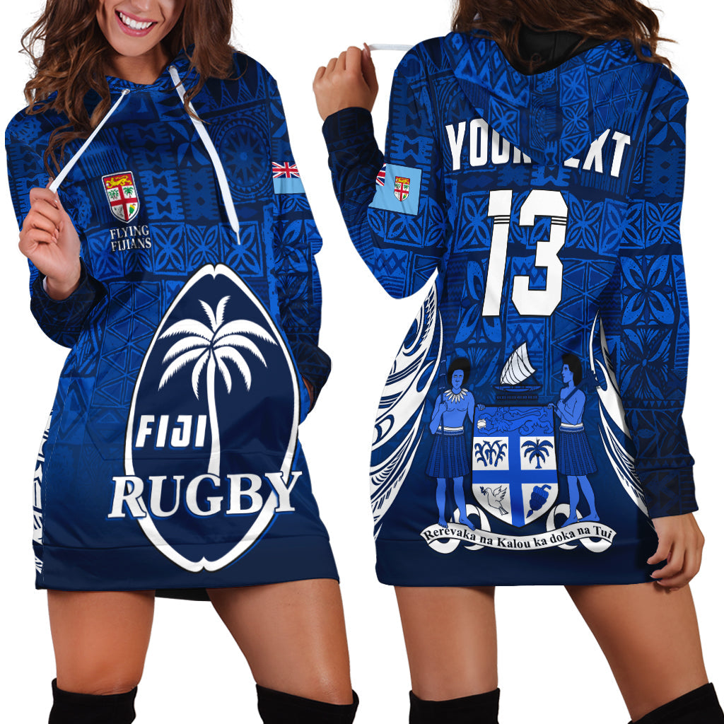 Custom Text and Number Fiji Rugby Hoodie Dress Flying Fijians Blue Tapa Pattern
