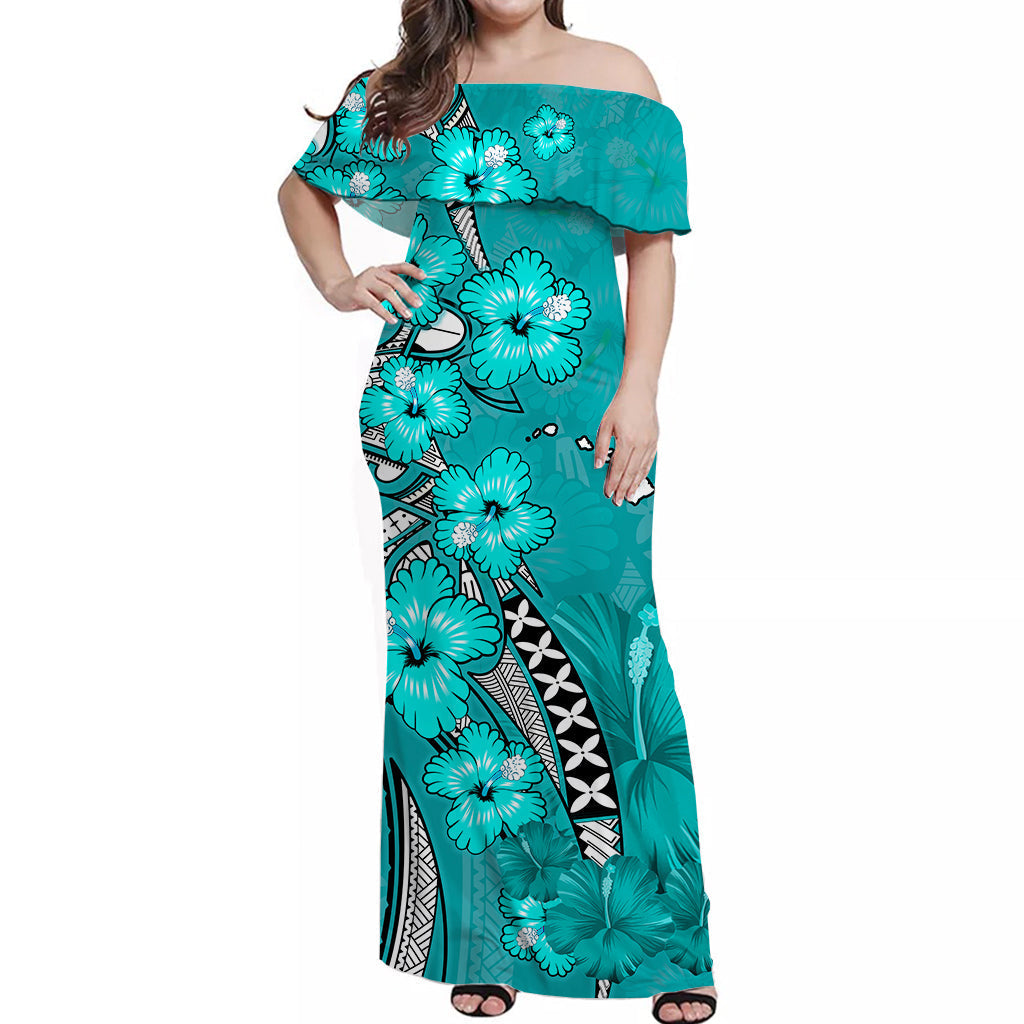 Custom Personalised Hawaii Off Shoulder Long Dress Polynesia Turquoise Hibiscus and Map Mystical