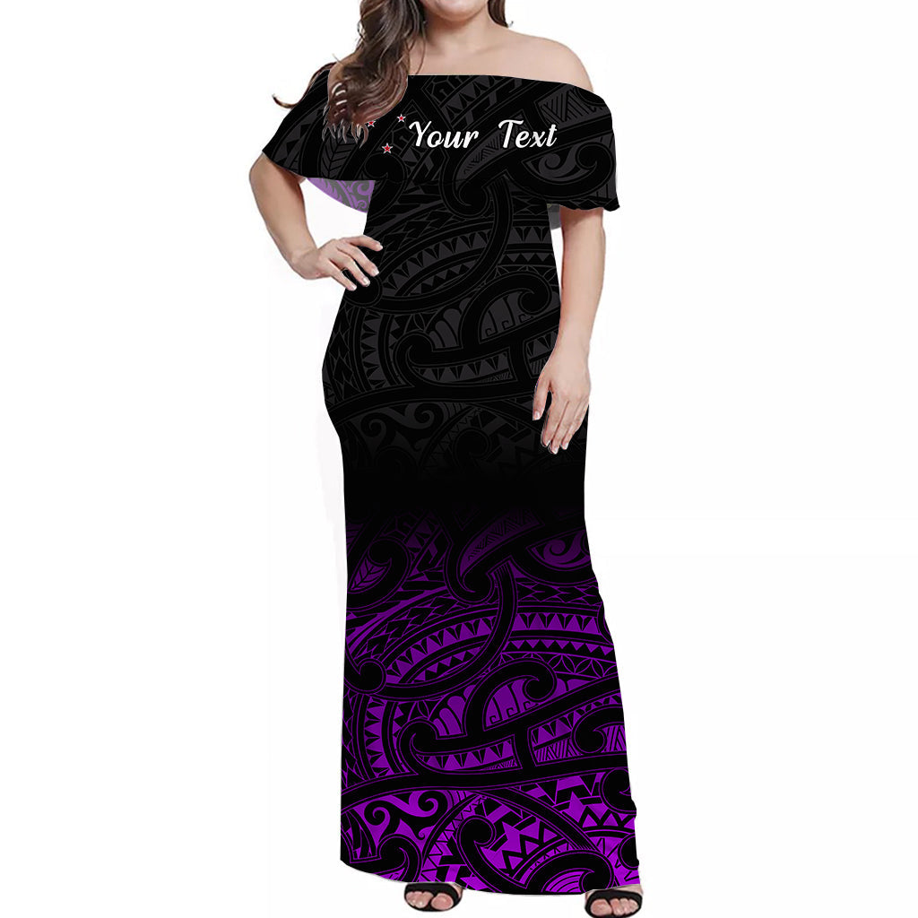 Custom Personalised New Zealand Off Shoulder Long Dress Maori Pattern Purple