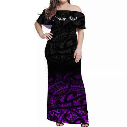 Custom Personalised New Zealand Off Shoulder Long Dress Maori Pattern Purple