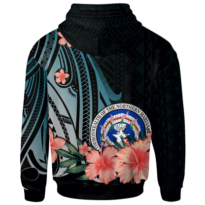 Custom Text Northern Mariana Islands Personalised Custom Hoodie Turquoise Polynesian Hibiscus Pattern Style