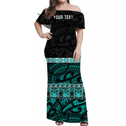 Custom Personalised New Zealand Off Shoulder Long Dress Maori Simple Turquoise