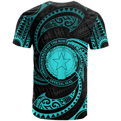 Northern Mariana Islands Polynesian Custom Personalised T - Shirt - Neon Blue Tribal Wave