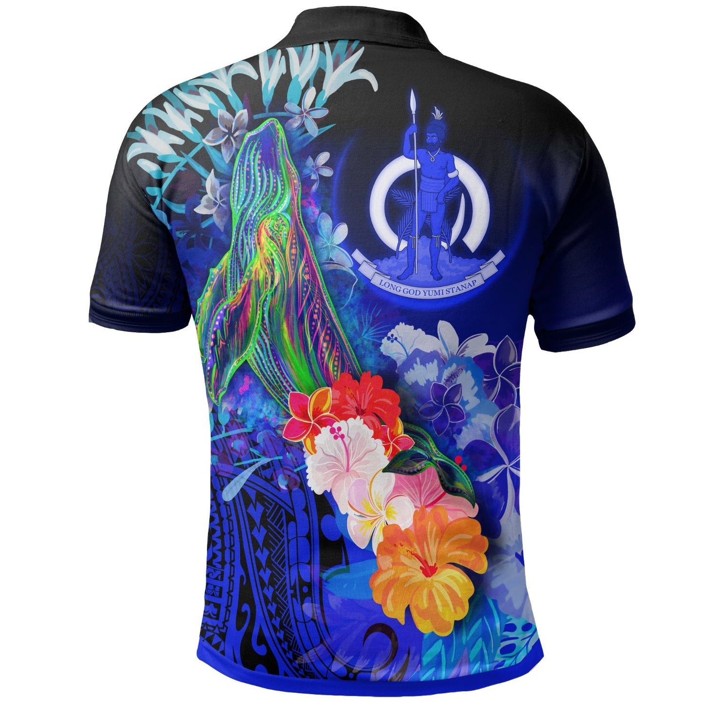 Vanuatu Polo Shirts - Humpback Whale with Tropical Flowers Blue