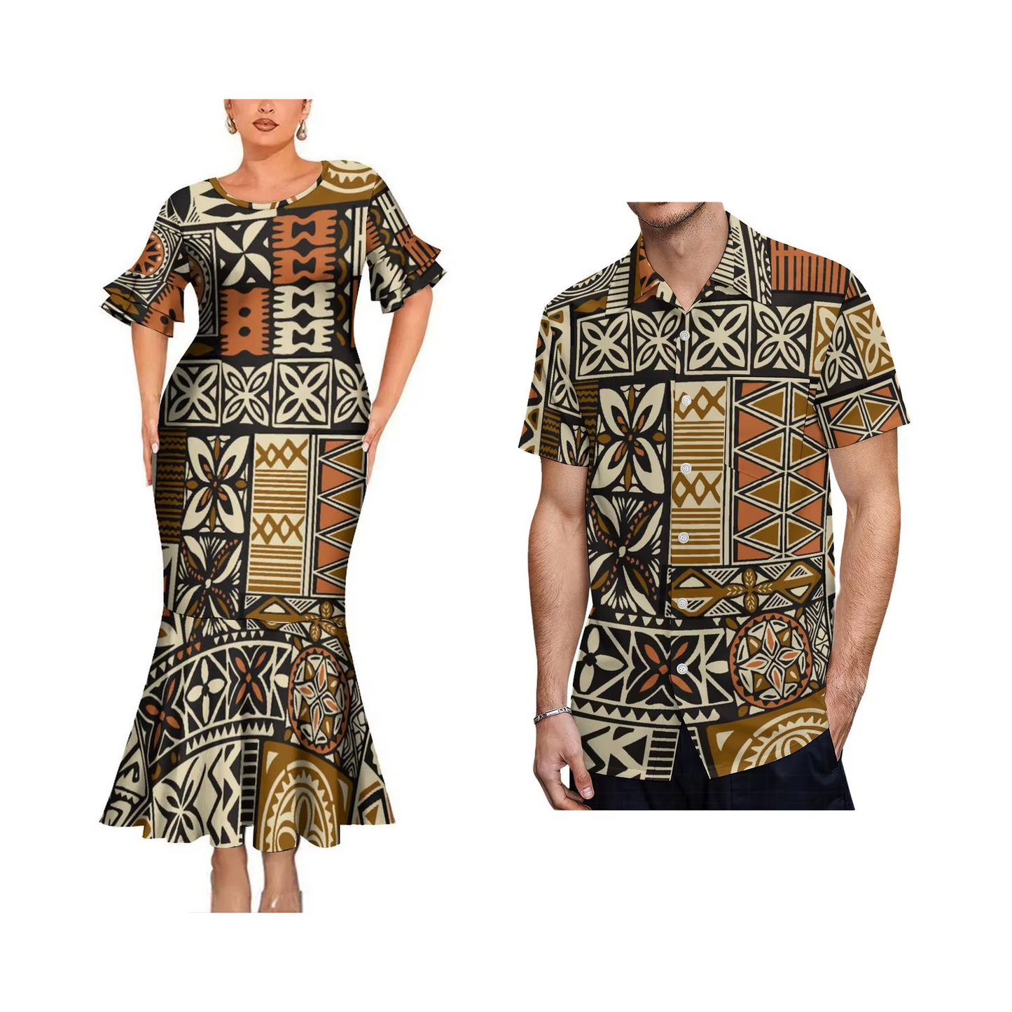 Polynesian Vintage Geometric Pattern Matching Outfit For Couple Bodycon Mermaid Dress and Shirt