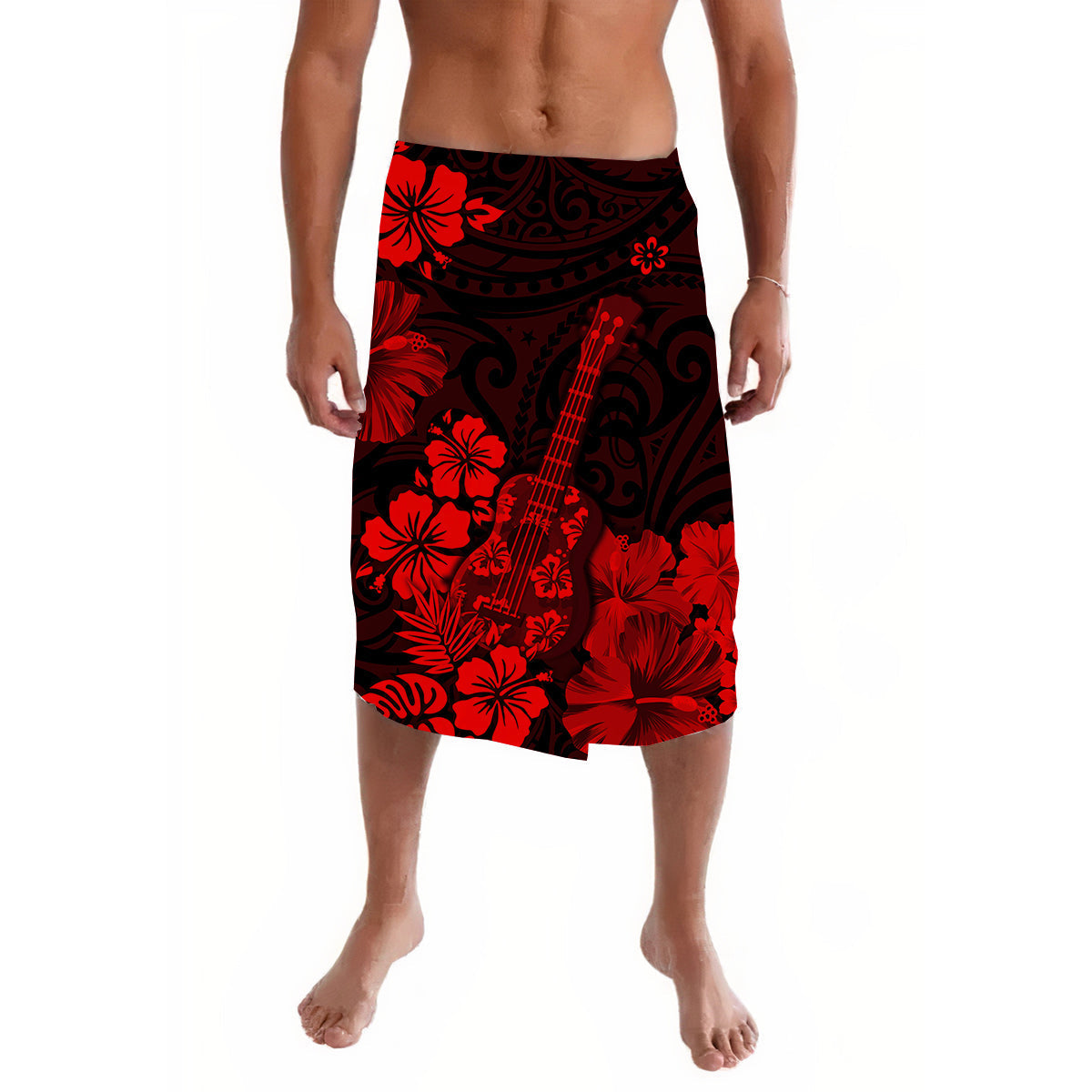 Hawaii Lavalava Polynesia Red Ukulele Flowers