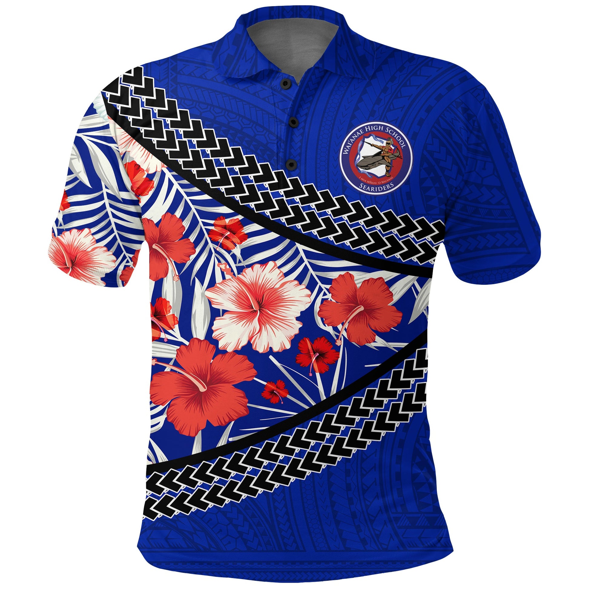 Waianae High School Polo Shirt - Hawaiian Hibiscus Flowers -