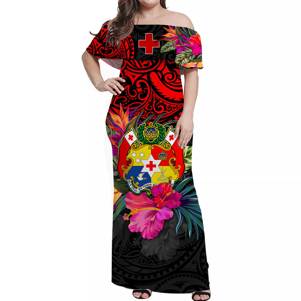 Tonga Off Shoulder Long Dress Alluring Polynesia and Tropical Flowers