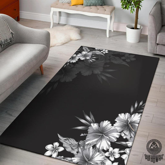 Black n White Hibiscus Area Rug