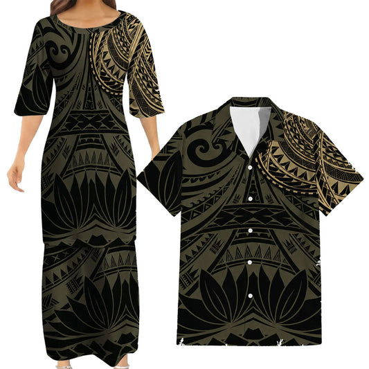 Vintage Polynesian Tribal Black Tropical Island Puletasi Dress And Hawaiian Shirt For Her Him