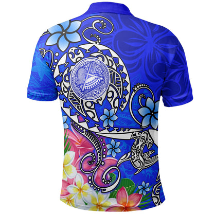 American Samoa Polynesian Polo Shirt - Turtle Plumeria Blue