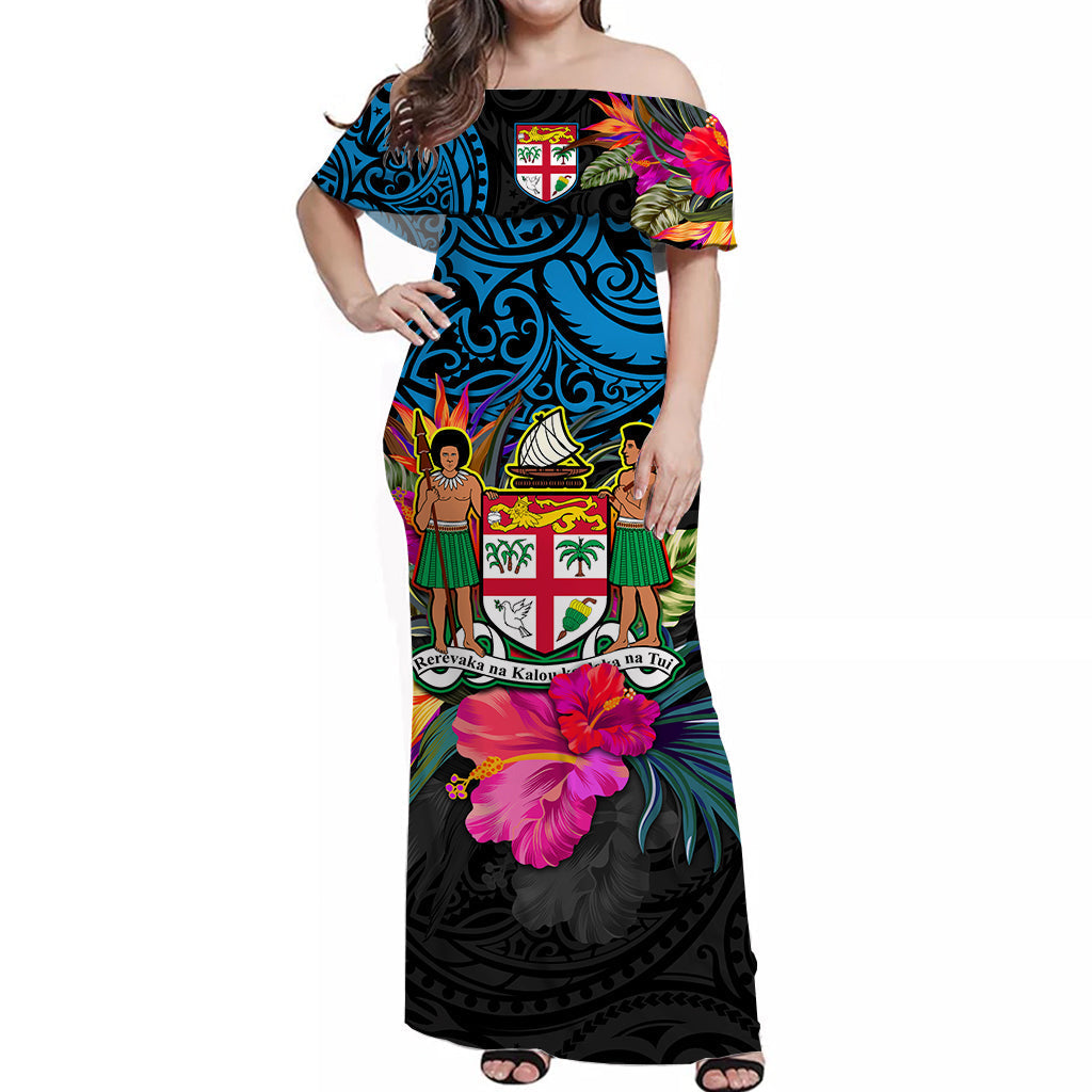 Fiji Off Shoulder Long Dress Alluring Polynesia and Tropical Flowers