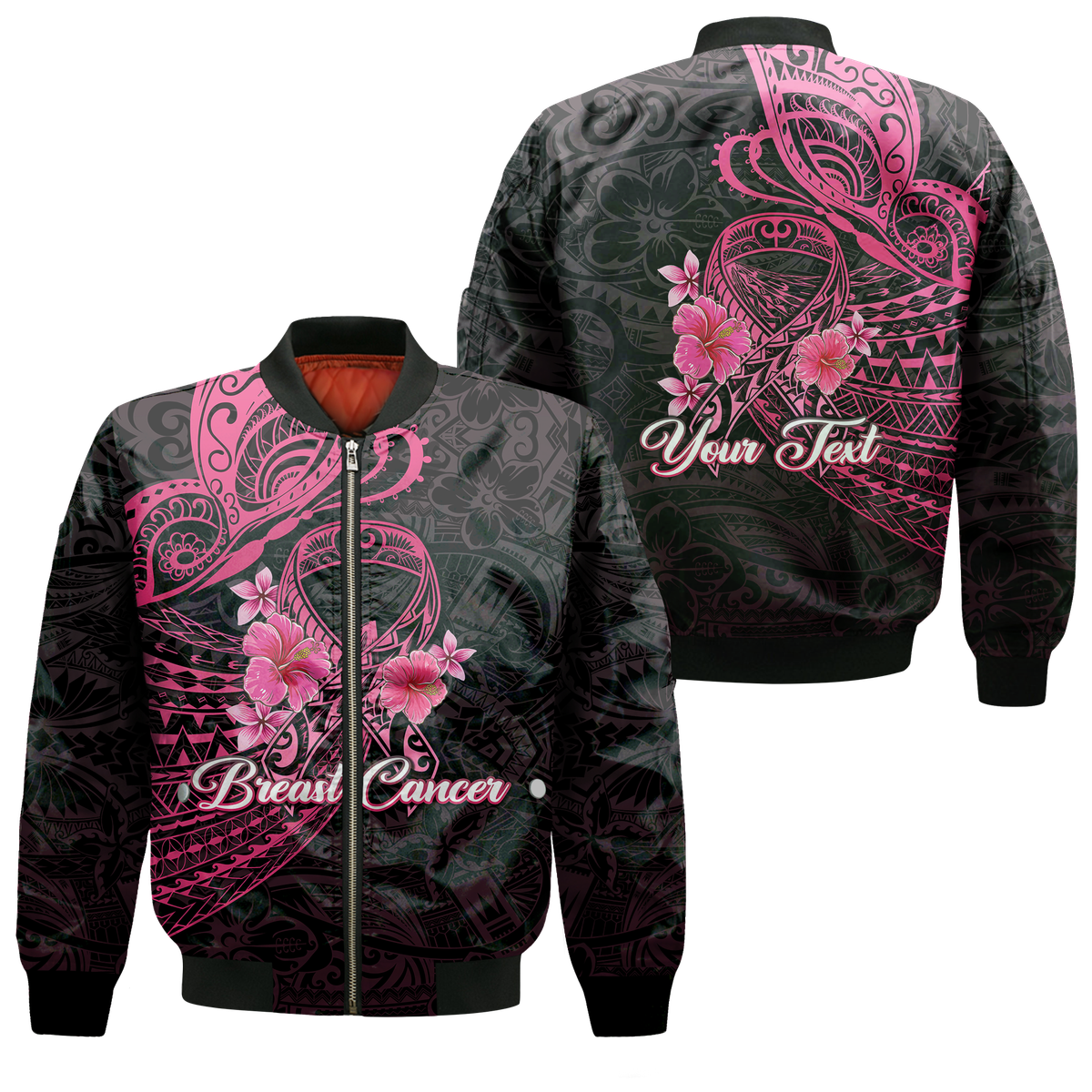 (Custom Personalised) Breast Cancer Pink Ribbon Butterfly Polynesian Black Version Bomber Jacket