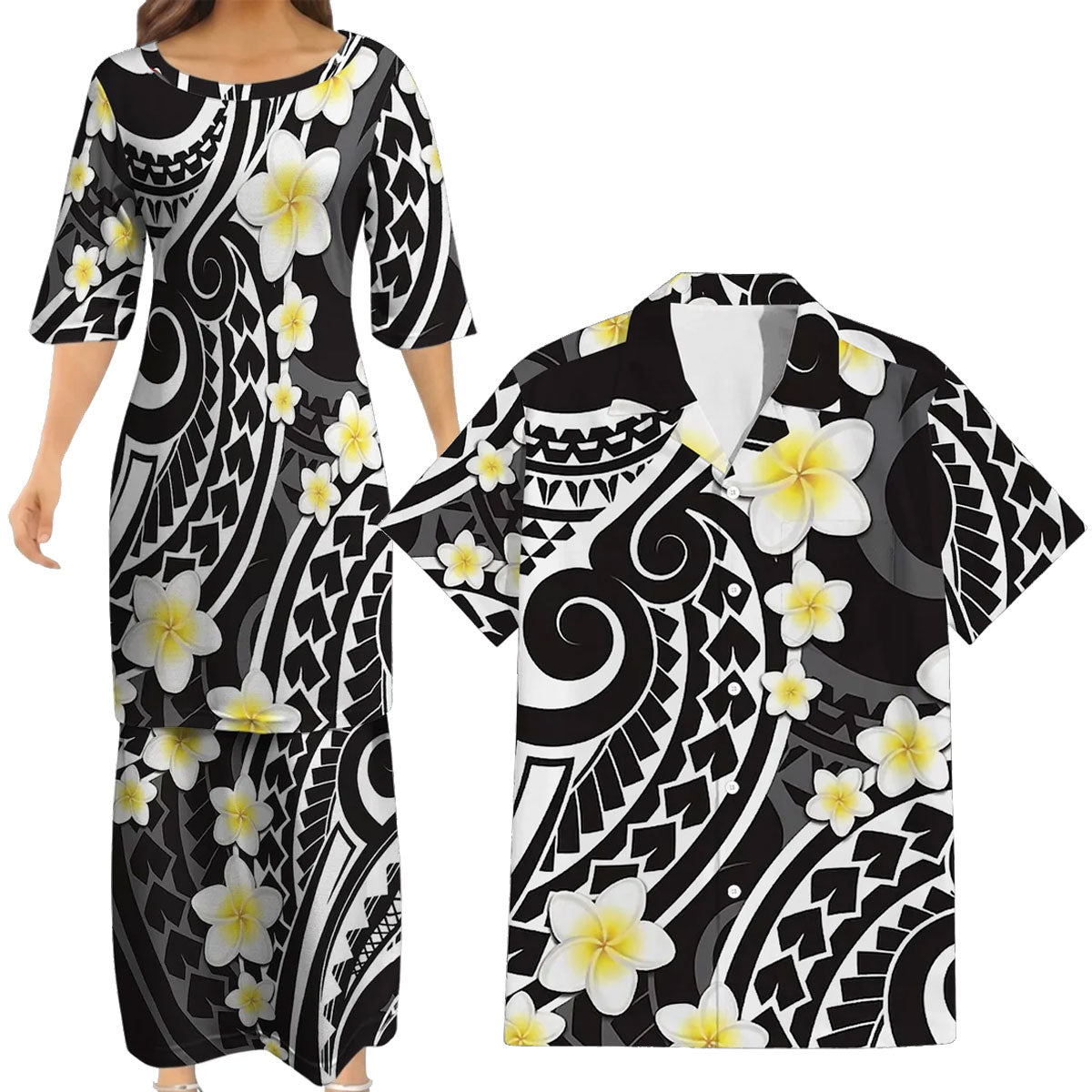 Polynesian Tribal Plumeria Flowers Matching Outfit For Couple Island Puletasi Dress And Hawaiian Shirt For Her Him