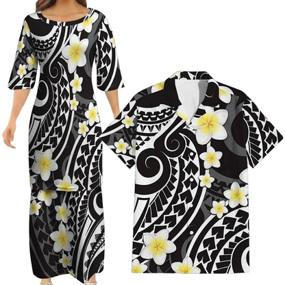Polynesian Tribal Plumeria Flowers Matching Outfit For Couple Island Puletasi Dress And Hawaiian Shirt For Her Him