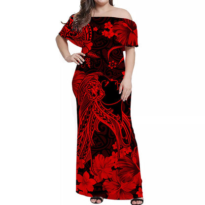 Polynesian Couple Outfits Hawaii Combo Dress and Hawaiian Shirt Polynesia Red Beautiful Hula Girl