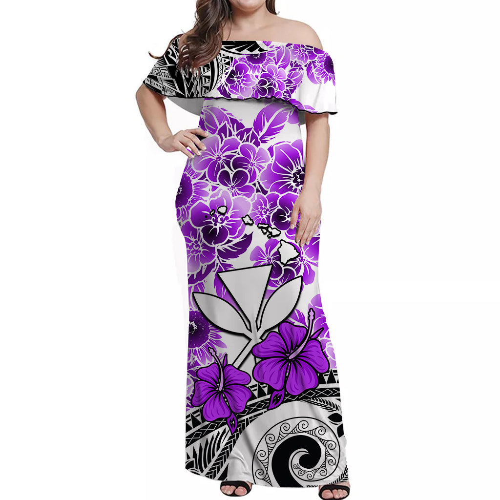 Hawaii Off Shoulder Long Dress Polynesian and Purple Hibiscus