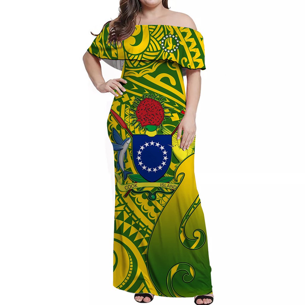 Cook Islands Off Shoulder Long Dress Matau Polynesian Simple Green Fish Hook
