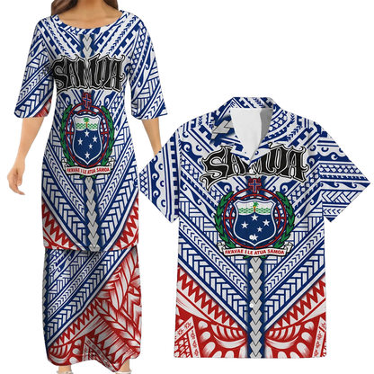 Samoa Coat Of Arms Couple Outfit Matching Polynesian Tribal Pattern Island Dress And Hawaiian Shirt For Her Him