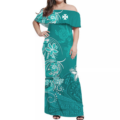 Custom Personalised Wallis et Futuna Off Shoulder Long Dress Polynesia Turquoise Sea Turtle and Flowers