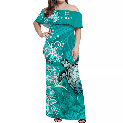 Custom Personalised Hawaii Off Shoulder Long Dress Polynesia Turquoise Sea Turtle Honu and Hibiscus