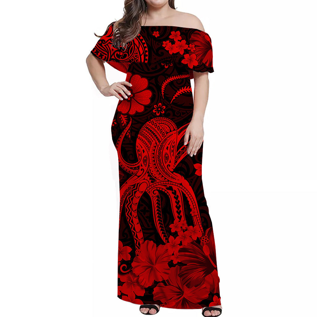 Hawaii Off Shoulder Long Dress Polynesia Red Octopus