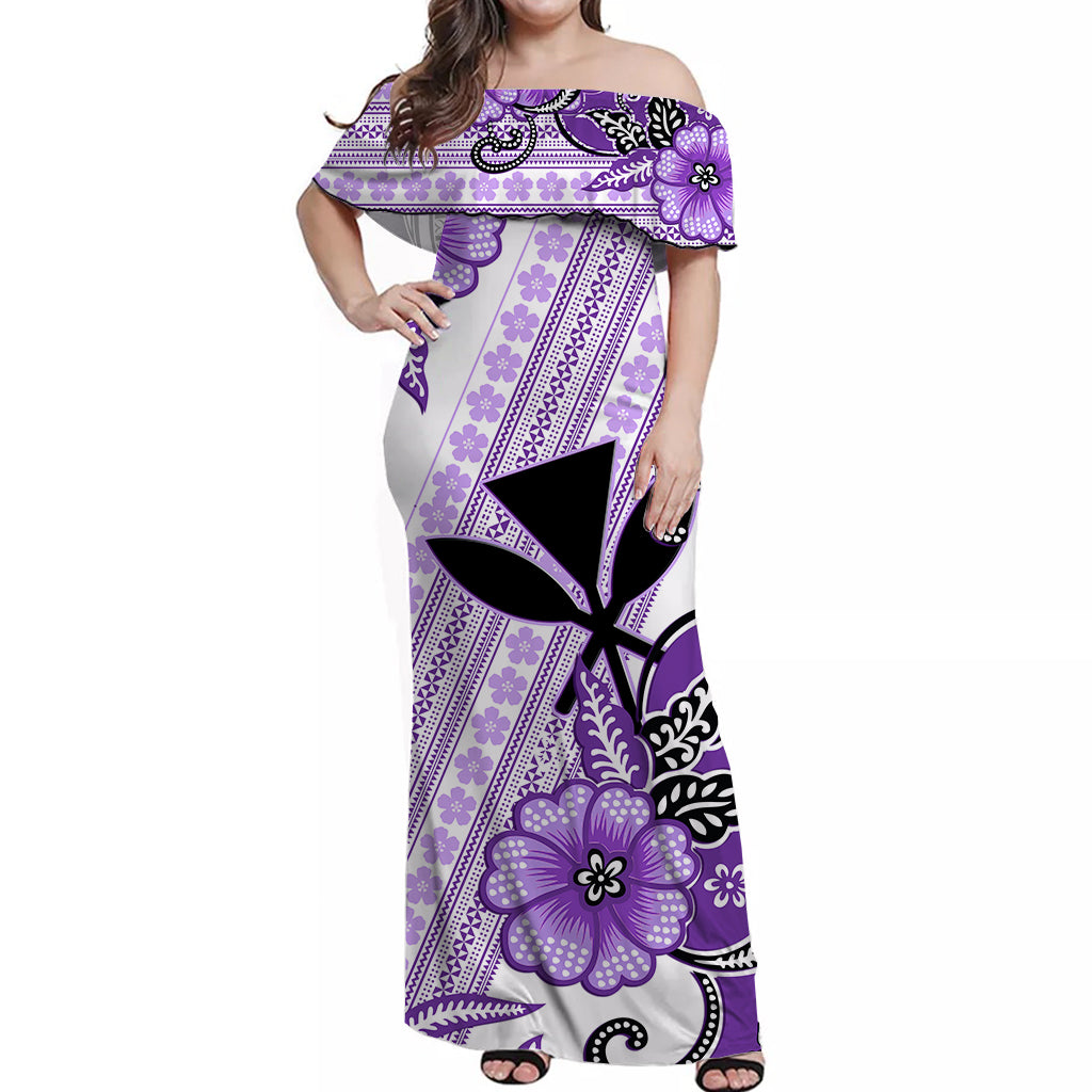 Polynesian Couple Outfits Hawaii Combo Dress and Hawaiian Shirt Kakau Tribal Purple Batik Floral Ver.02