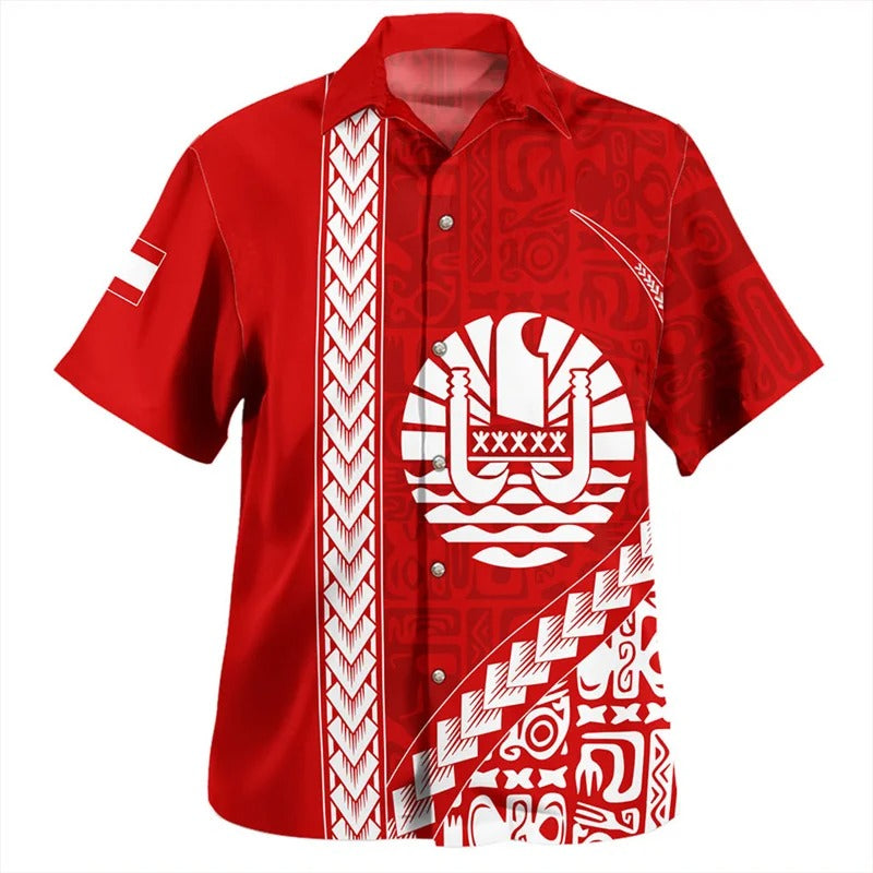 Red Tahiti Polynesian Hawaiian Shirts For Men Clothes 3d Printed Tahitian Tribal Summer Button Shirt