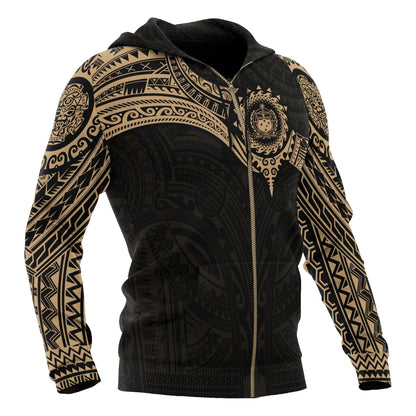 Samoa Polynesian Zip Up Hoodie Gold Heart Shield