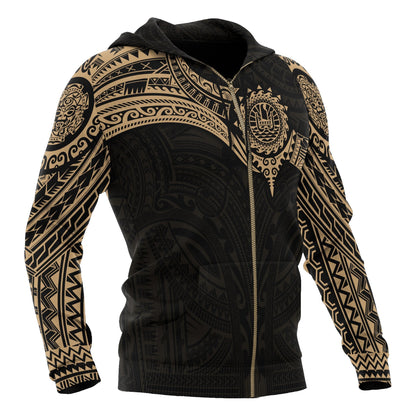 Tahiti Polynesian Zip Up Hoodie Gold Heart Shield