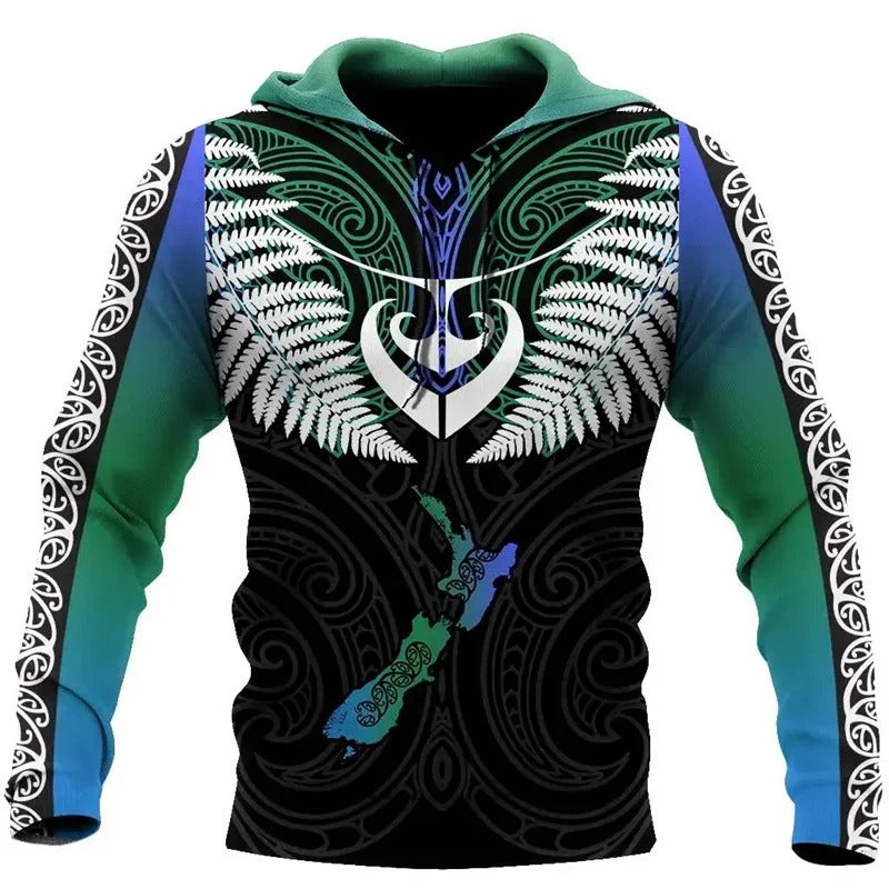 New Zealand Map Hoodie Silver Fern Pattern Zip Up Hoodie All Over Print